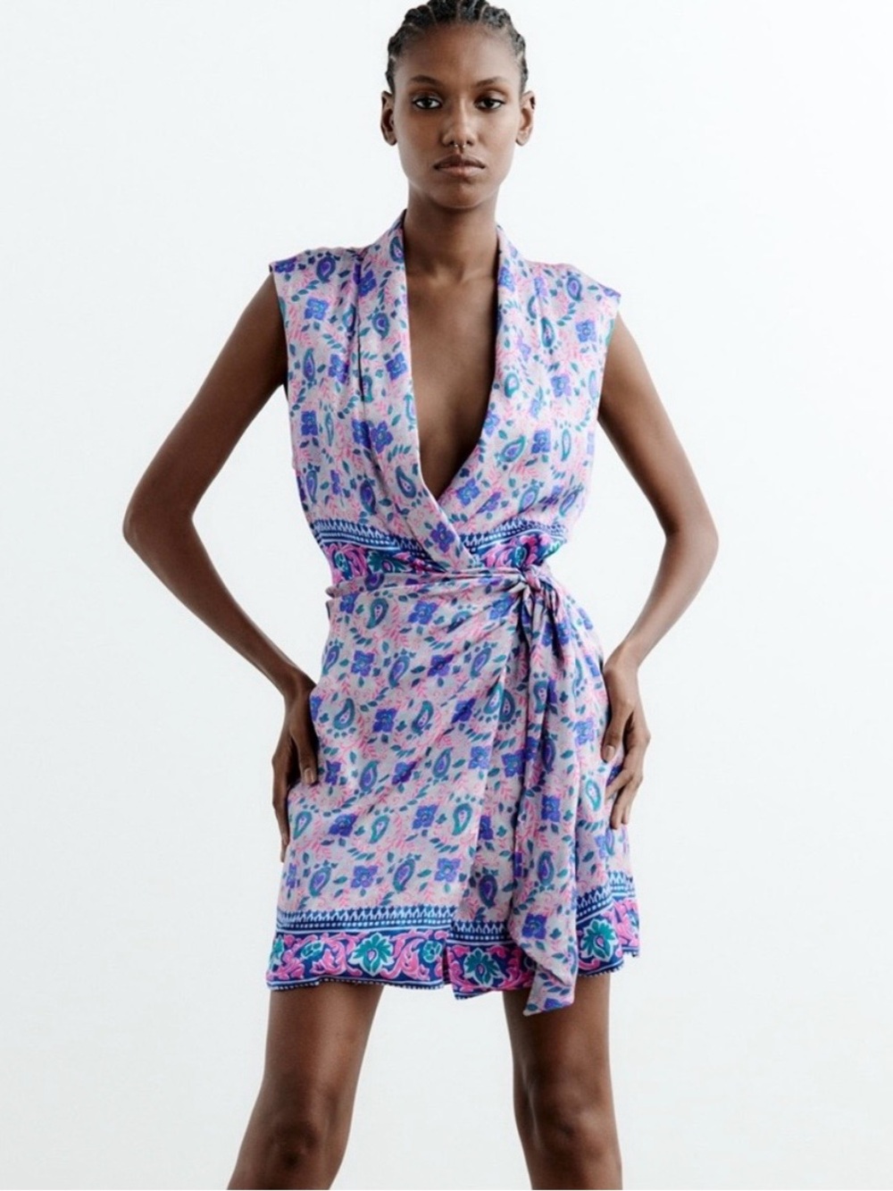 Zara Pink and Purple Floral Wrap Mini Dress